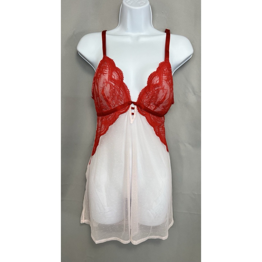 AUDEN INTIMATES SHEER WHITE RED BABY DOLL ADJ STRAPS Sz LARGE